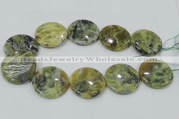 COP560 15.5 inches 40mm flat round natural yellow & green opal beads