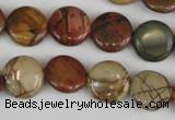 CPJ351 15.5 inches 14mm flat round picasso jasper gemstone beads