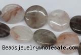 CPQ102 16mm flat round natural pink crystal & smoky quartz beads