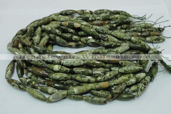 CPS70 15.5 inches 10*30mm faceted rice green peacock stone beads