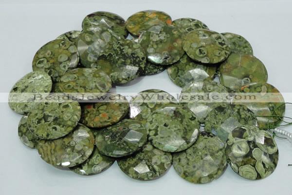 CPS93 15.5 inches 30mm faceted flat round green peacock stone beads