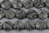 CPT140 15.5 inches 12mm faceted coin grey picture jasper beads