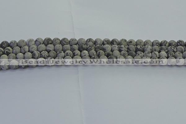 CPT571 15.5 inches 6mm round matte grey picture jasper beads