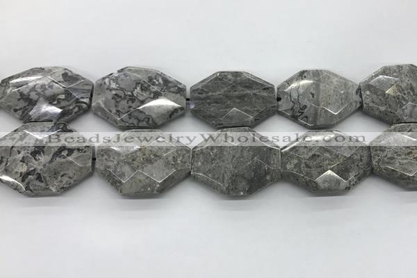 CPT582 30*40mm - 32*42mm faceted octagonal grey picture jasper beads