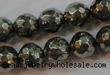 CPY107 15.5 inches 8mm faceted round pyrite gemstone beads wholesale