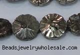 CPY660 15.5 inches 15mm carved flower pyrite gemstone beads