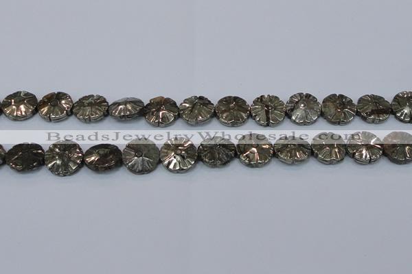 CPY660 15.5 inches 15mm carved flower pyrite gemstone beads