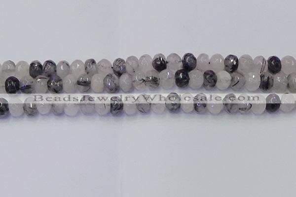 CRB1818 15.5 inches 6*10mm faceted rondelle black rutilated quartz beads