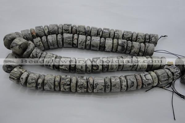 CRB196 15.5 inches 6*18mm – 13*18mm rondelle grey picture jasper beads