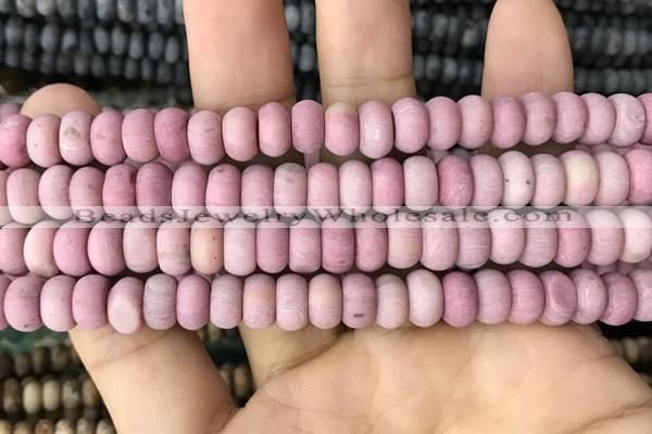 CRB5063 15.5 inches 5*8mm rondelle matte pink wooden fossil jasper beads