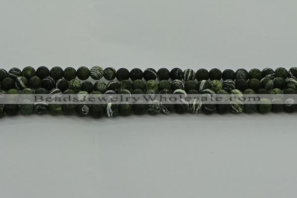 CRO1121 15.5 inches 6mm round matte green silver line jasper beads