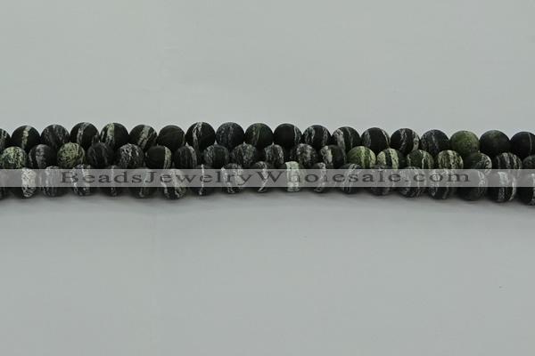 CRO1122 15.5 inches 8mm round matte green silver line jasper beads