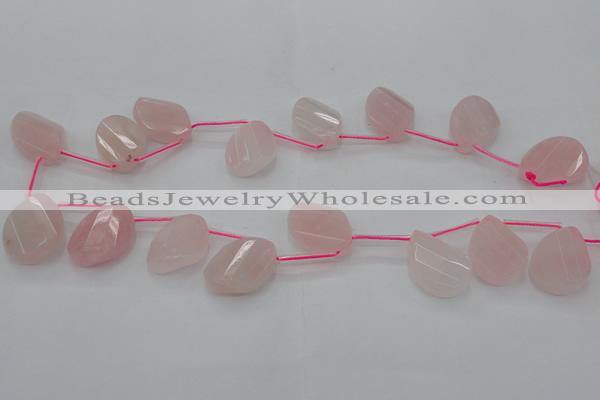 CRQ735 18*25mm faceted & twisted flat teardrop rose quartz beads