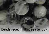 CRU04 15.5 inches 15mm faceted flat round black rutilated quartz beads