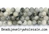 CRU1094 15.5 inches 12mm faceted round black rutilated quartz gemstone beads