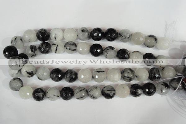 CRU317 15.5 inches 16mm faceted round black rutilated quartz beads