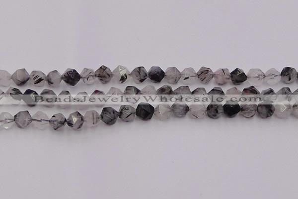 CRU512 15.5 inches 8mm faceted nuggets black rutilated quartz beads