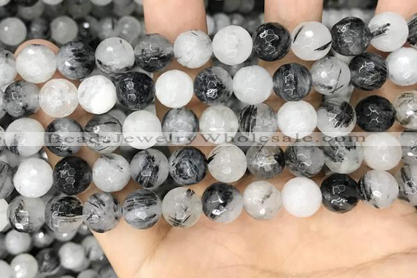 CRU968 15.5 inches 10mm faceted round black rutilated quartz beads