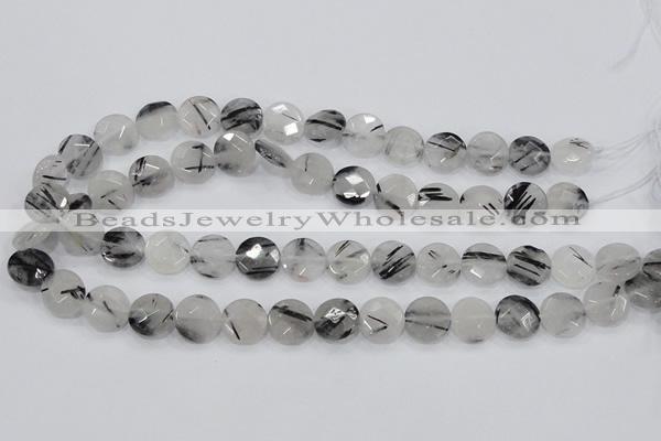 CRU97 15.5 inches 16mm faceted coin black rutilated quartz beads