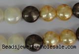 CSB185 15.5 inches 12mm flat round mixed color shell pearl beads