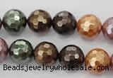 CSB512 15.5 inches 12mm faceted round mixed color shell pearl beads