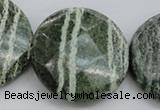 CSJ125 15.5 inches 40mm faceted coin green silver line jasper beads