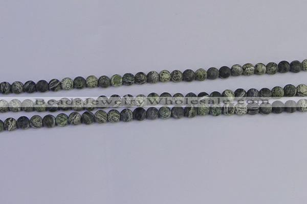 CSJ501 15.5 inches 6mm round matte green silver line jasper beads