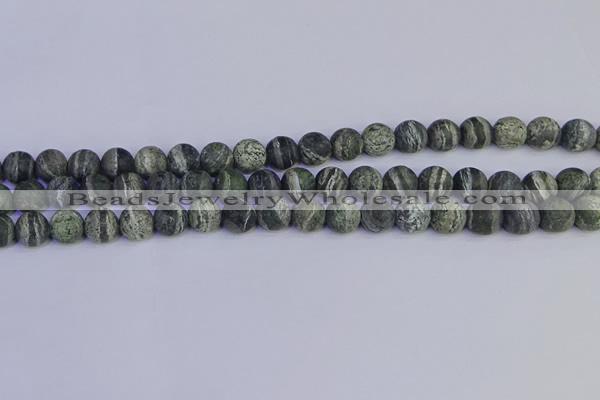 CSJ502 15.5 inches 8mm round matte green silver line jasper beads