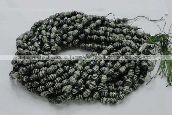 CSJ70 15.5 inches 7*11mm faceted rice green silver line jasper beads