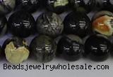 CSL214 15.5 inches 12mm round black silver leaf jasper beads