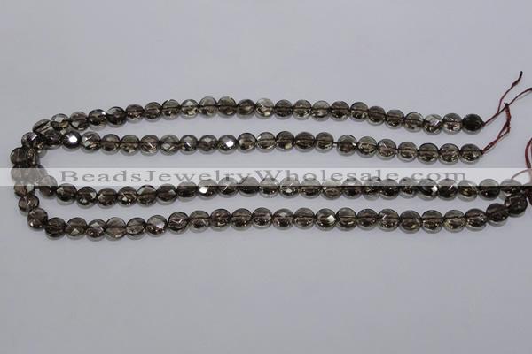 CSQ122 8mm faceted flat round grade AA natural smoky quartz beads