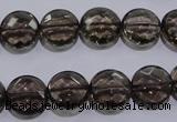 CSQ124 12mm faceted flat round grade AA natural smoky quartz beads