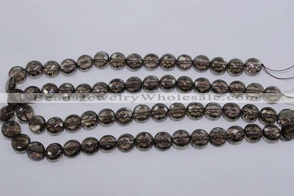 CSQ124 12mm faceted flat round grade AA natural smoky quartz beads