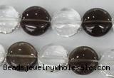 CSQ151 15.5 inches 15mm flat round white crystal & smoky quartz beads