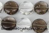 CSQ152 15.5 inches 18mm flat round white crystal & smoky quartz beads