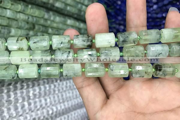 CTB609 15.5 inches 10*14mm faceted tube green rutilated quartz beads