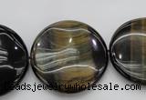 CTE1352 15.5 inches 30mm flat round yellow & blue tiger eye beads