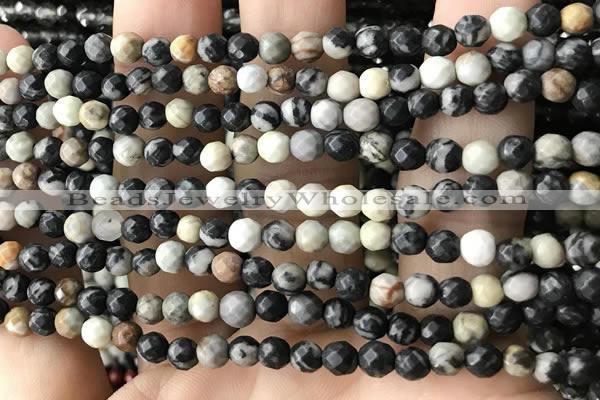 CTG3563 15.5 inches 4mm faceted round black picasso jasper beads