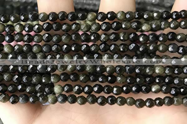 CTG3587 15.5 inches 4mm faceted round golden obsidian beads