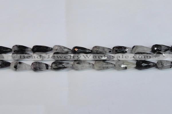 CTR302 15.5 inches 12*25mm faceted teardrop black rutilated quartz beads