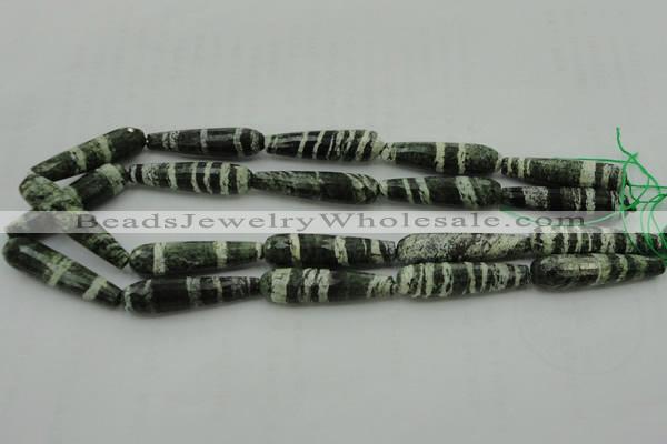 CTR53 15.5 inches 10*40mm faceted teardrop green silver line jasper beads