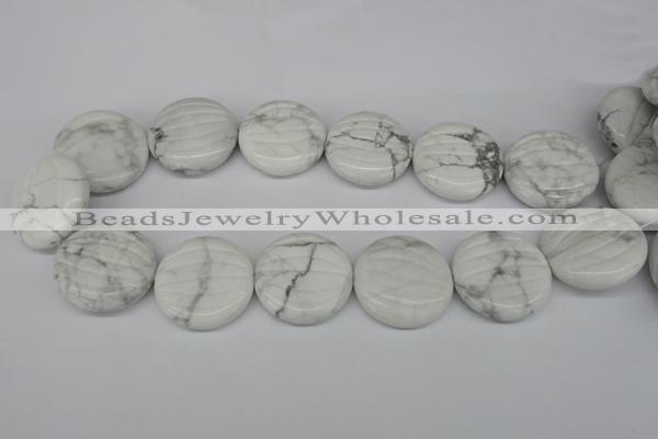 CWB65 15.5 inches 30mm carved coin natural white howlite beads