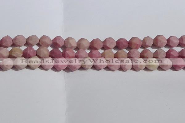 CWF33 12mm faceted nuggets matte pink wooden fossil jasper beads