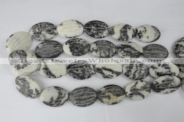 CZJ232 25*35mm carved oval black & white zebra jasper beads