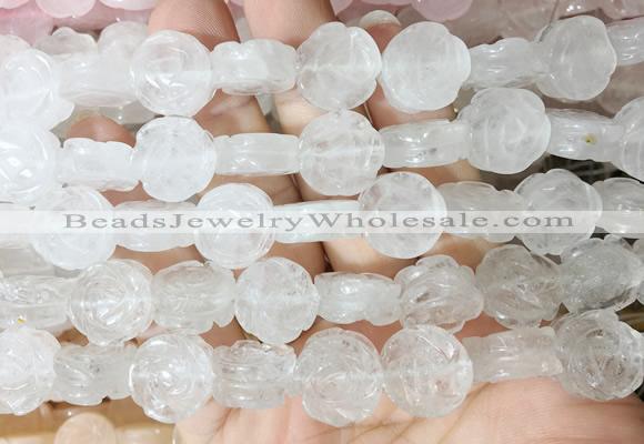 FGBS138 15 inches 14mm carved rose flower white crystal beads