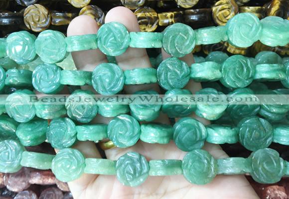 FGBS144 15 inches 14mm carved rose flower green aventurine beads