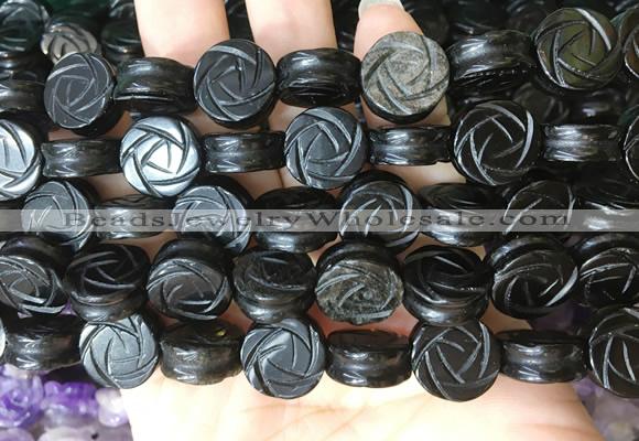 FGBS152 15 inches 14mm carved rose flower black obsidian beads