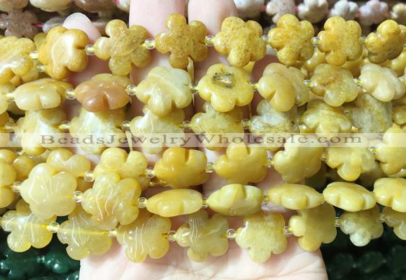 FGBS165 15 inches 15mm carved five petal flower yellow aventurine beads wholesale