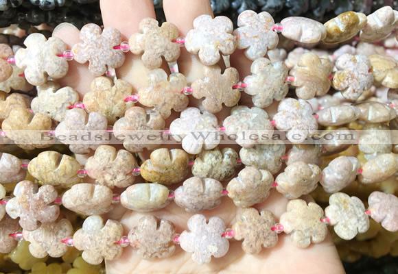 FGBS178 15 inches 15mm carved five petal flower pink ocean agate beads wholesale