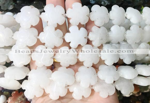 FGBS199 15 inches 20mm carved 5 petal flower white jade beads wholesale